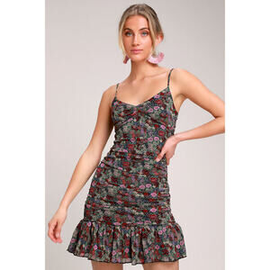 Lulus Let's Party Green And Pink Floral Print Ruched Mini Dress - Size S